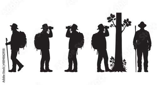 Black silhouette vector illustration of hikers with backpacks, one using binoculars, exploring the wilderness alongside a tree.