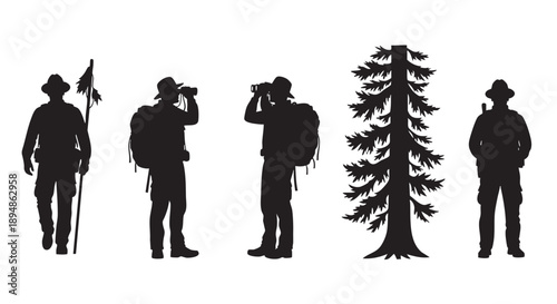 Black silhouette vector illustration of hikers with backpacks, one using binoculars, exploring the wilderness alongside a tree.
