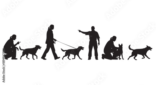 A silhouette illustration of people training different dogs shows walking, pointing, kneeling and sitting poses on white.