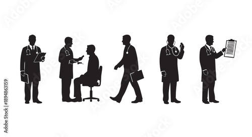 A row of black silhouette doctors performing various medical tasks on a white backdrop. Perfect for healthcare and medical illustrations.