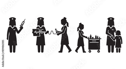 A set of black nurse silhouettes depict various healthcare roles including giving injections, reading ECGs, and assisting patients. These minimalistic icons represent healthcare.