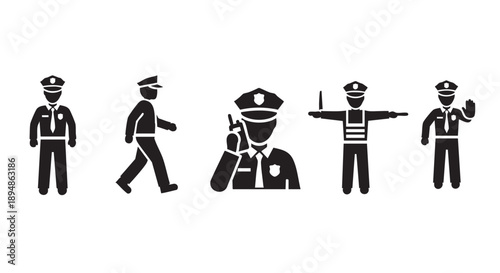 Black silhouette icon set of police officers in various poses: standing, walking, talking on radio, directing traffic, and signaling stop. Suitable for safety and security themes.