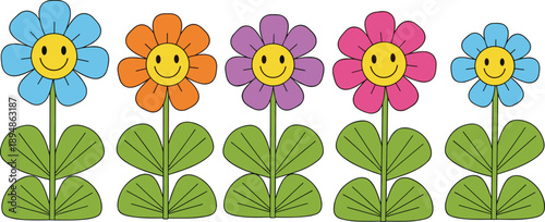 Set of Five Colorful Retro Smiley Face Daisies in Blue Orange Purple Pink and Light Blue on Green Stems for Groovy Floral Design