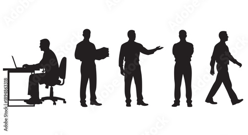Black silhouettes of business people show working on a laptop, carrying documents, presenting, standing and walking on a clean white background.
