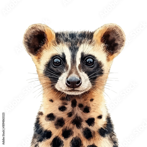 Civet, refined watercolor illustration with luminous tones and soft layered brushwork, isolated on a white background.