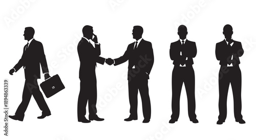 Silhouetted businessmen engaging in various activities including walking with a briefcase, shaking hands, talking on the phone, and standing with confidence.