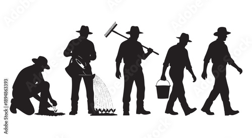 Silhouetted farmers are depicted planting seeds, watering plants, raking, carrying a bucket, and walking, showcasing the progression of agricultural work.