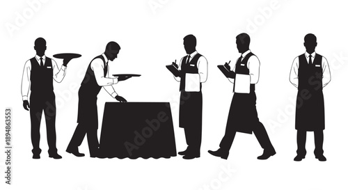 Five waiter silhouettes present serving, table setting, taking orders, and attentive service against white. Great for illustrating service industry concepts.