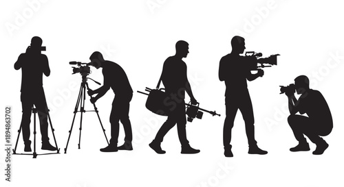 A group of photographer silhouettes, black against a white background, captures various shots using cameras and tripods, conveying a sense of professionalism and skill.