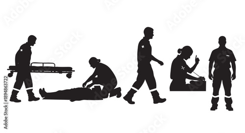 Silhouette illustration of a paramedics team providing medical care; one carries a stretcher, another checks a patient, and others walk and stand.