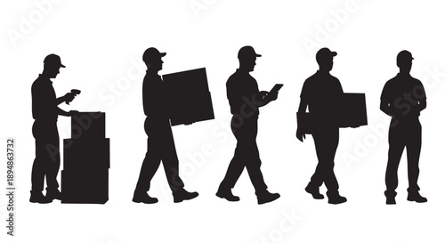 Black silhouette illustration of delivery men carrying, scanning, and standing near packages, suitable for representing logistics, shipping, and e-commerce operations.