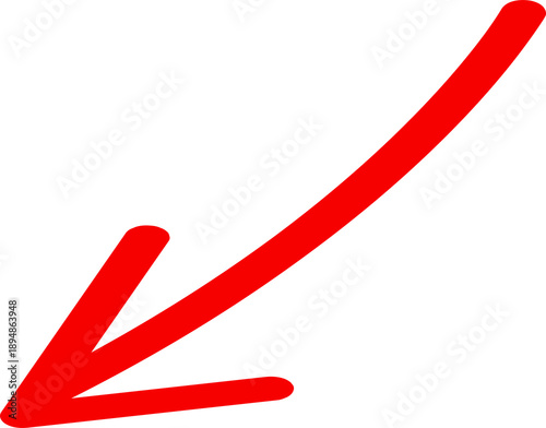 Hand-drawn red arrow pointing diagonally downward and to the left on a black background isolated on transparent background