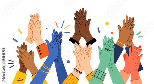 Diverse group of hands clapping together in celebration.