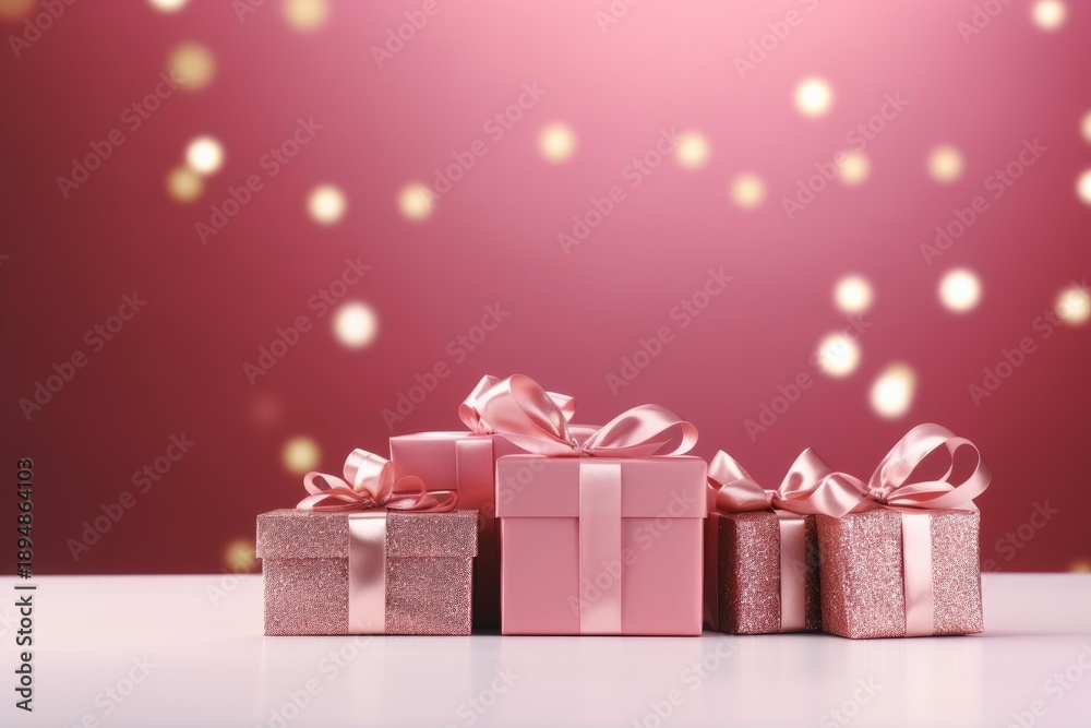 Fototapeta premium Pink and rose gold gift boxes decorated with satin ribbons on a festive background