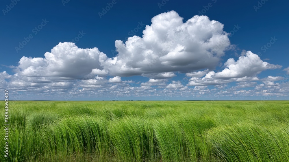 Obraz premium Lush Green Grassland Under a Dramatic Sky with Fluffy White Clouds and Clear Blue Horizon, Nature Landscape Perfect for Tranquil Scenes or Outdoor Themes
