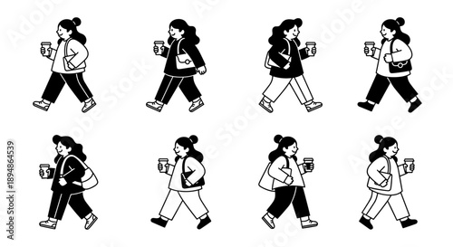 Collection of eight diverse women walking with beverages, showcasing various styles and poses.