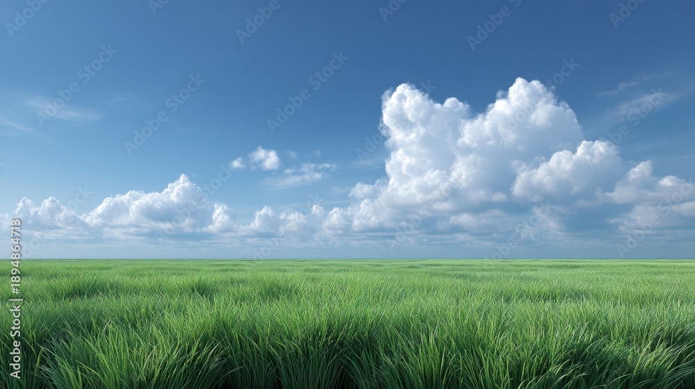 Fototapeta premium Lush Green Grass Field under a Clear Blue Sky with Fluffy White Clouds in a Serene Natural Landscape Setting