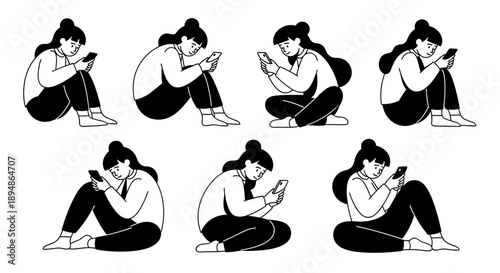 Woman Sitting and Using Smartphone in Various Poses.