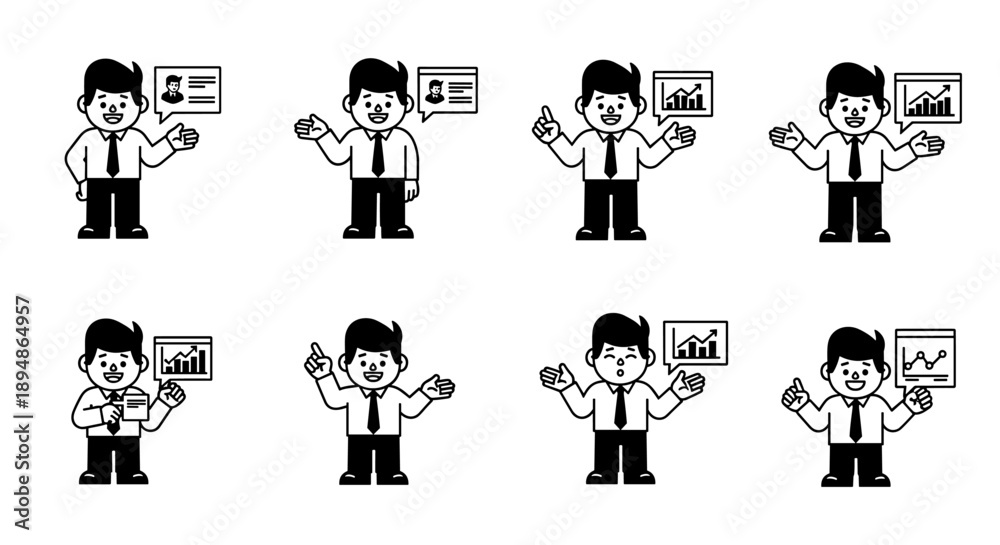 Obraz premium Set of eight cartoon business men in different poses.