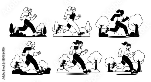 Set of six illustrations of women running in park.