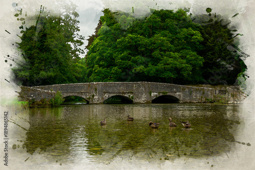 A digital watercolour illustration of the medieval three arch sheep wash bridge at Ashford in the Water in the Derbyshire Peak District National Park, England, UK.
