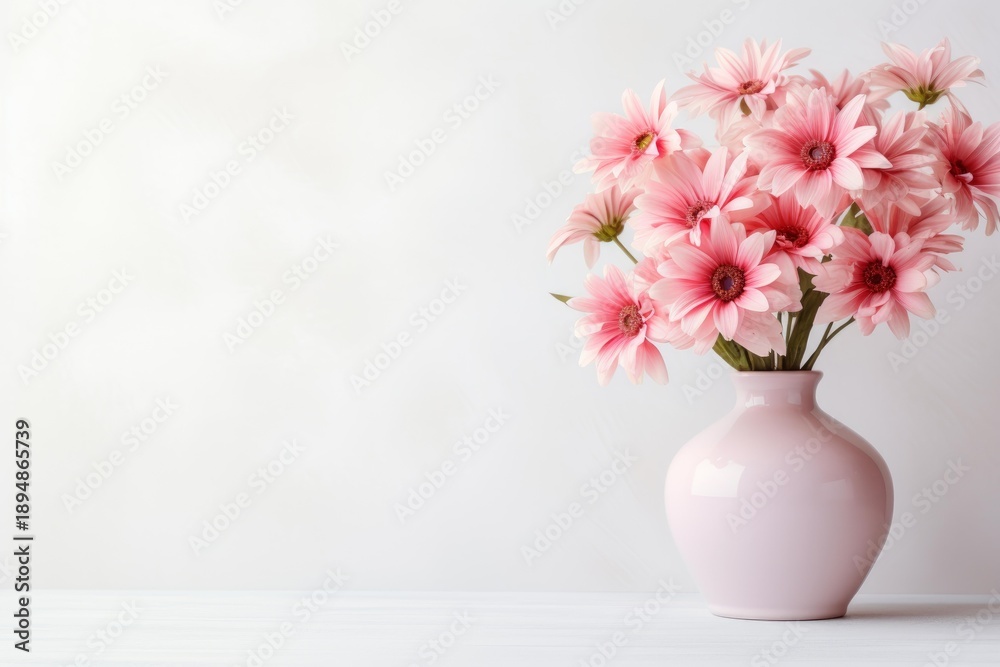 Fototapeta premium Pink gerbera daisies arranged in a soft pink ceramic vase against a clean white background