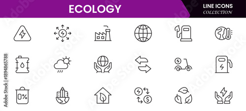 Ecology icon set. Environment, sustainability, nature, recycle, renewable energy, electric bike, eco-friendly, forest, wind power, green symbol vector collection.
