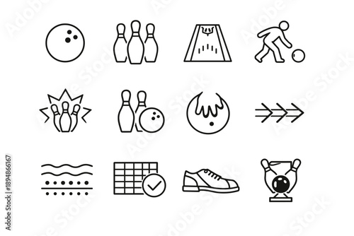 Minimal line icon set illustrating bowling elements including ball, pins, lane, player, strike, spare, arrows, oil pattern, scoring grid, shoe, and trophy