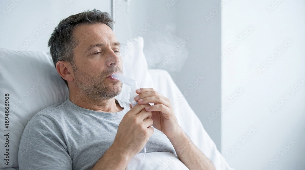 Fototapeta premium Man breathing through nebulizer while sitting in bed at home