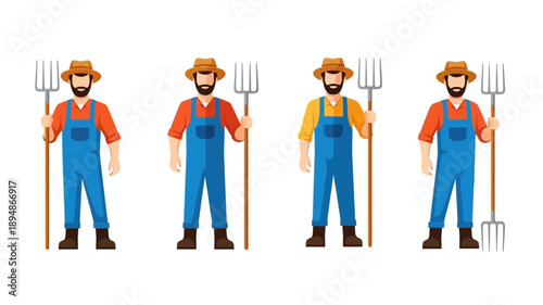Four cartoon farmers holding pitchforks in a row isolated on white