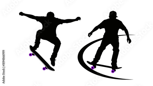 Two skateboarders in mid air captured as dramatic black silhouettes