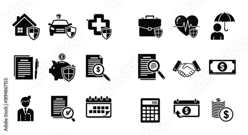 Black and white insurance and financial service icons set