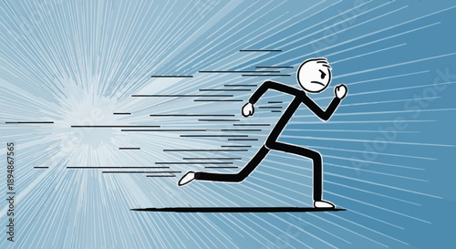 Stick figure running fast with motion blur effect.