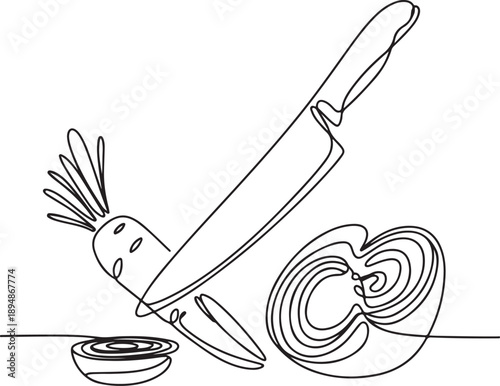Tableau sur toile Single Continuous Line Illustration of Vegetables Being Chopped with Knife Motio