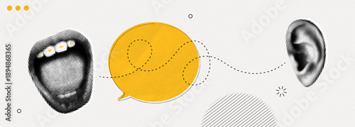 Trendy Halftone Collage Screaming mouth and listening ear. Talk and communication. Sound line. Speech bubble message. Gossip concept. Contemporary vector illustration art