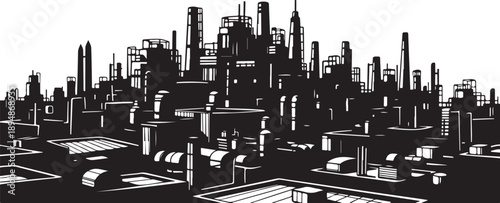 Black and white cityscape with industrial buildings and skyscrapers