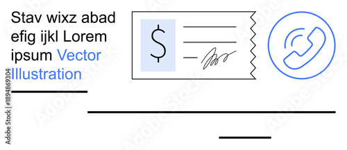 Banking, finance, digital communication, customer support, transactions, fintech. A check with a dollar sign and signature next to a digital phone icon. Banking and finance concept