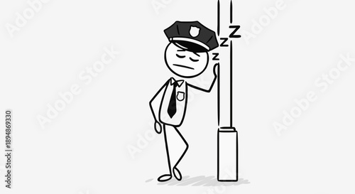 Stick figure security guard sleeping on duty leaning against pole.