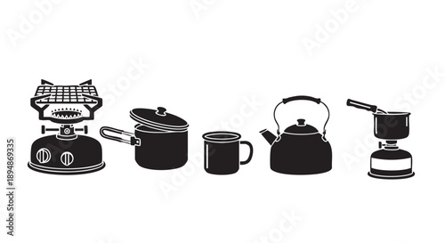 Black camping cookware including stove, pot, mug, kettle and pan are silhouetted against a white background, ideal for outdoor adventure and travel graphics.