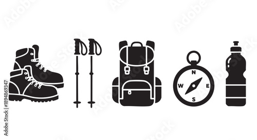 Black and white set of hiking gear including boots, poles, backpack, compass and water bottle, ideal for camping and adventure graphics.
