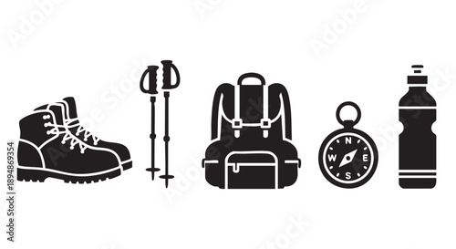Illustration features essential hiking gear: boots, trekking poles, backpack, compass, and water bottle in a minimalist black and white design, ideal for outdoor adventure themes.