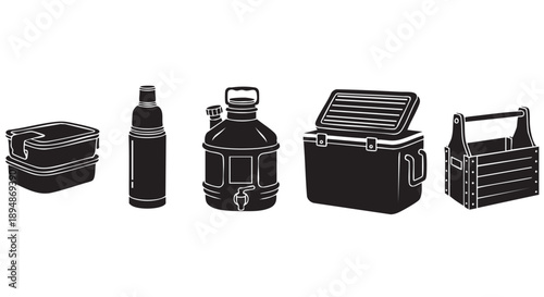 Black picnic and camping gear items shown lined up in a row, a perfect illustration for outdoor activities, or camping supply needs.