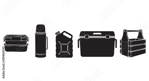 Isolated black silhouettes of a lunchbox, thermos, canister, cooler, and toolbox, showcasing camping, hiking, or working lifestyle equipment.