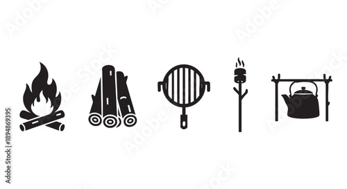 Black silhouette vector illustration showcasing camping elements, including campfire, logs, grill, marshmallow, and kettle, isolated on white background. Good for camping concepts.