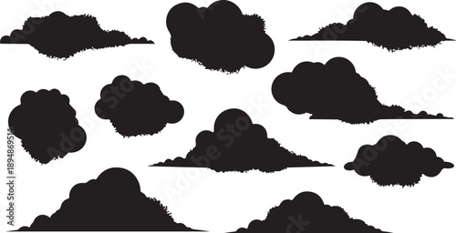 Collection of various black cloud shapes on white background