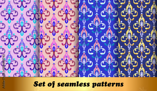 Illustration set of floral seamless patterns with Fleur de Lis and beads