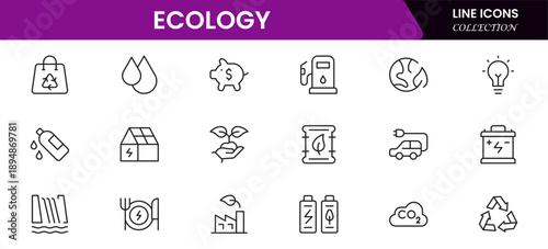Ecology icon set. Environment, sustainability, nature, recycle, renewable energy, electric bike, eco-friendly, forest, wind power, green symbol vector collection.
