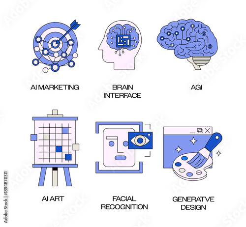 Modern flat vector icons in blue tones featuring AI marketing target, brain interface chip, AGI neural brain, AI art easel, facial recognition eye, generative design palette. 