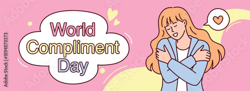 Long horizontal banner showing a happy blonde woman hugging herself. Celebrating self love and kindness for World Compliment Day on March first with a positive and joyful atmosphere.
