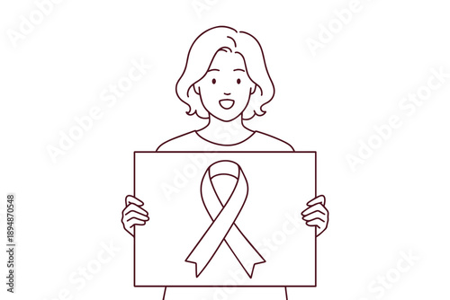Coloring page featuring a young woman holding a poster with a ribbon symbol. Useful for educational projects about health awareness, oncology support, or charity events.